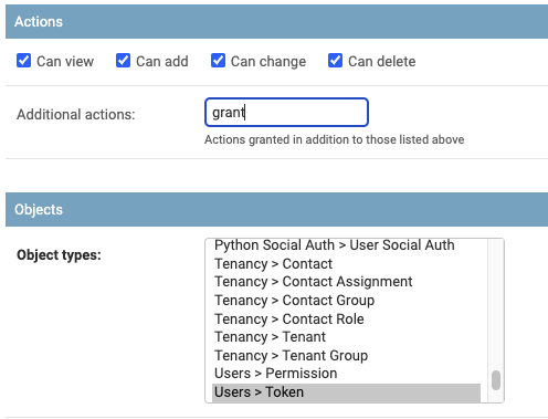 Adding the grant action to a permission